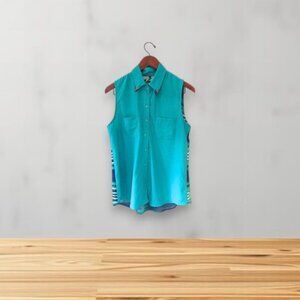 Material Girl Teal Button-Down Sleeveless Blouse Size M Striped Back